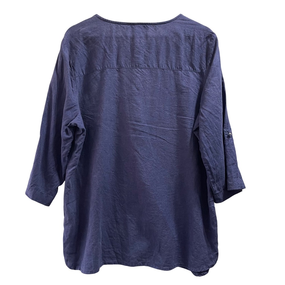 Emily Daniels Tunic Top Womens XL Navy Blue Linen Blend Roll Tab Sleeve Coastal - Picture 2 of 8